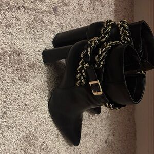 Black Ankle Boots with Gold Chain Detail